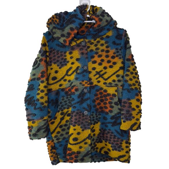 VTG Women's Hippie Festival Jacket Button Up Hood Wool Italy Made Colorful Artsy - Picture 1 of 4
